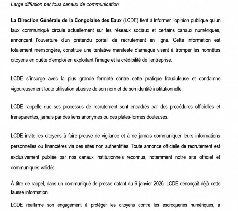 LCDE DÉMENT L’OUVERTURE D’UN PORTAIL DE RECRUTEMENT ET APPELLE À LA VIGILANCE